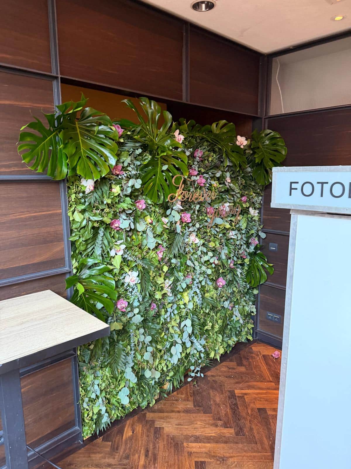Gruene Pflanzenwand mit Monstera, Eukalyptus und rosa Rosen als Foto-Hintergrund