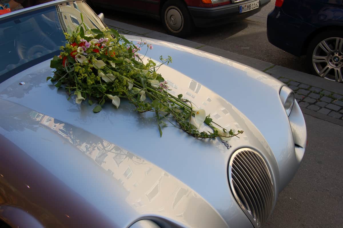 Autoschmuck mit Calla und Rosen auf silbernem Oldtimer