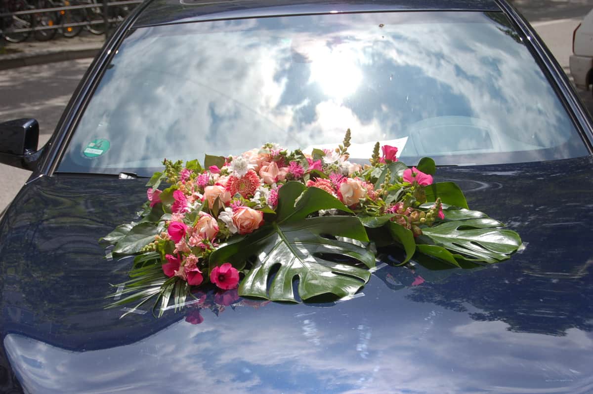 Autoschmuck in Pink und Apricot mit Monstera