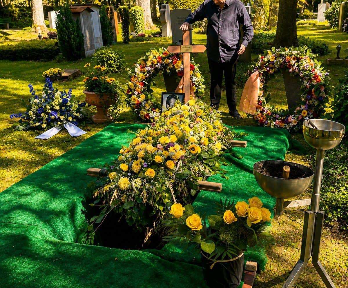 Trauerfeier mit sommerlicher Blumendeko am Grab in Grünwald (2/2)