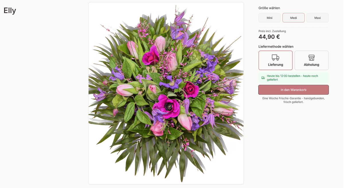 Produktseite im Onlineshop blumen-verschicken.online mit Straußauswahl und Lieferoption