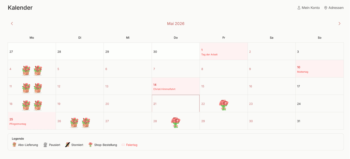 Lieferkalender im Kundenportal mit Abo-Lieferungen, Shop-Bestellungen und Feiertagen