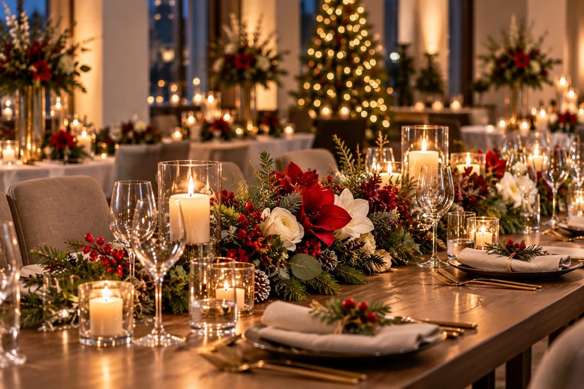 Weihnachtliche Tischdekoration mit Amaryllis, weißen Rosen, Beeren, Kerzen und Tannengrün auf langer Festtafel in München