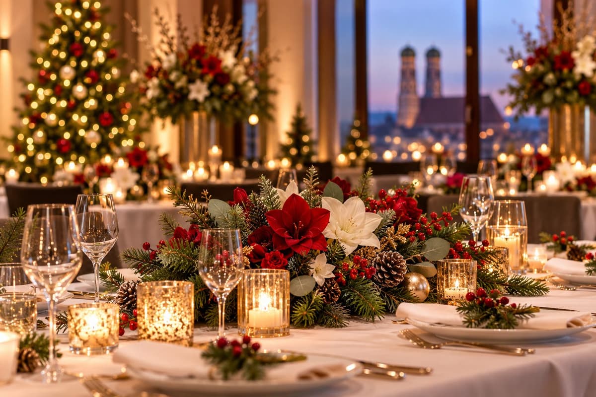 Festlich gedeckte Weihnachtstafel mit rot-weißem Blumengesteck, Kerzen und Tannengrün in München, Frauenkirche im Hintergrund