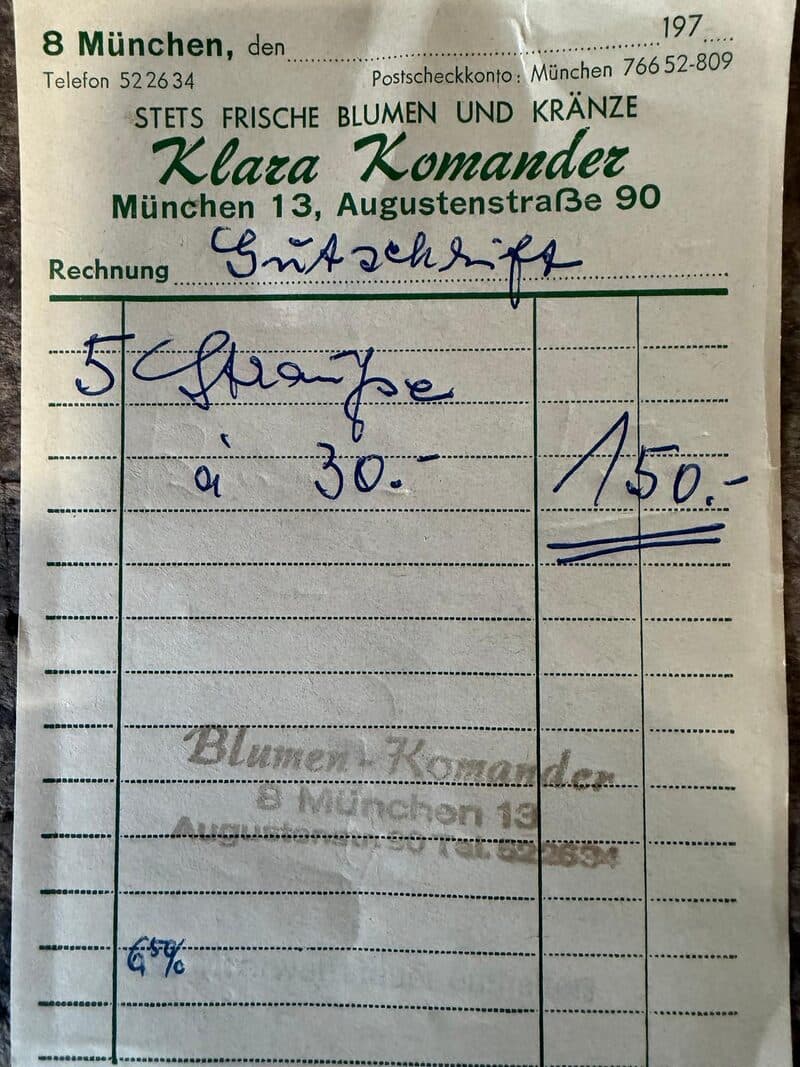 Originalquittung von Klara Komander aus den 1970er Jahren