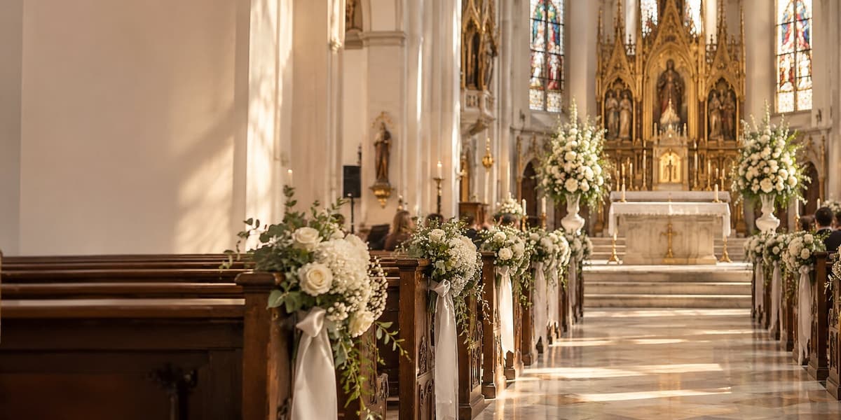Hochzeits-Kirchenschmuck mit weißen Rosen an den Bankreihen und Altar-Gestecken in einer Münchner Kirche