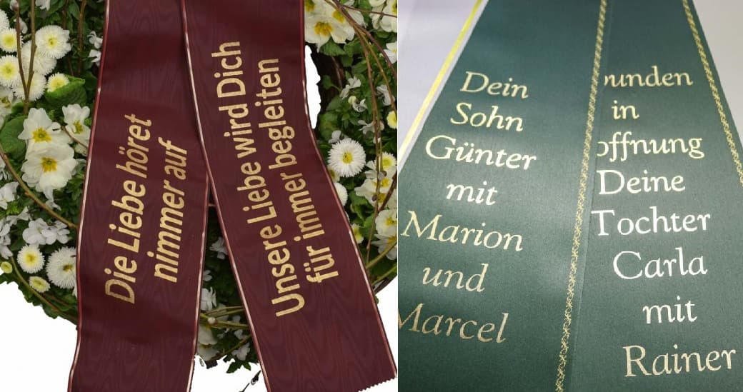 Trauerschleifen im Vergleich: bayerisch längs und norddeutsch quer bedruckt