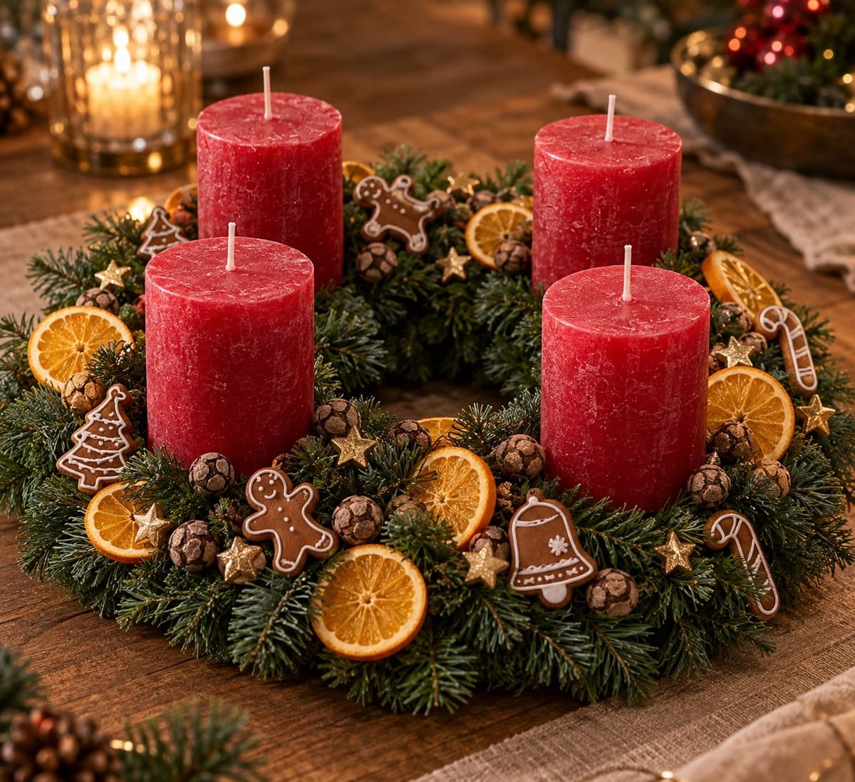 Handgebundener Adventskranz mit roten Kerzen, Orangenscheiben und Zapfen von Blumen Komander München