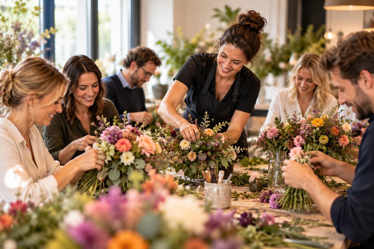 Gruppe gestaltet beim Firmen-Blumenworkshop in München bunte Sträuße, eine Floristin leitet an