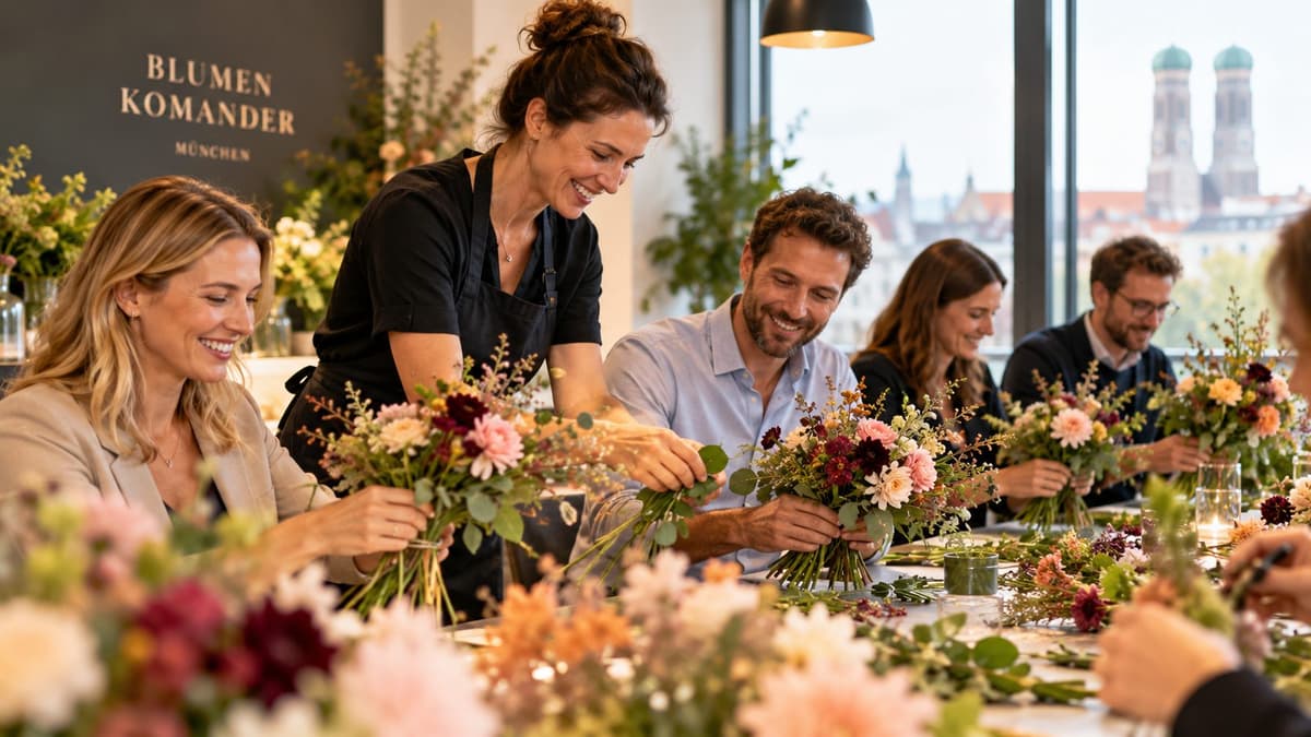 Team bindet beim Blumenworkshop von Blumen Komander in München herbstliche Sträuße, im Hintergrund die Türme der Frauenkirche