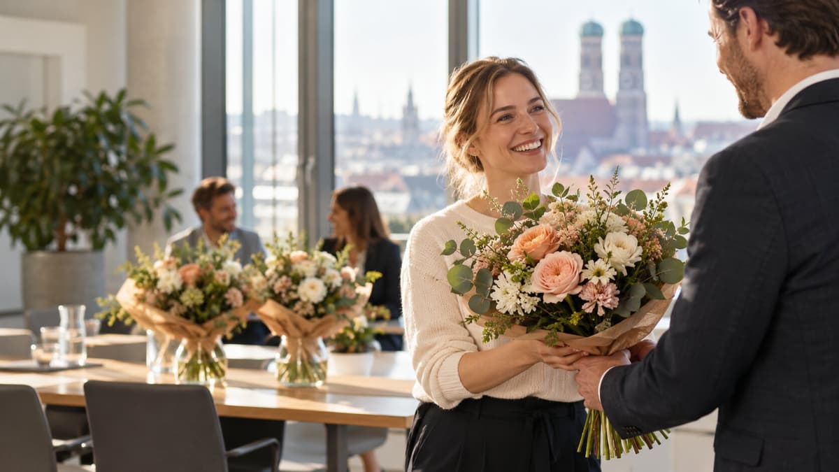 Mitarbeiterin erhält im Münchner Büro einen Blumenstrauß als Geschenk, im Hintergrund die Frauenkirche