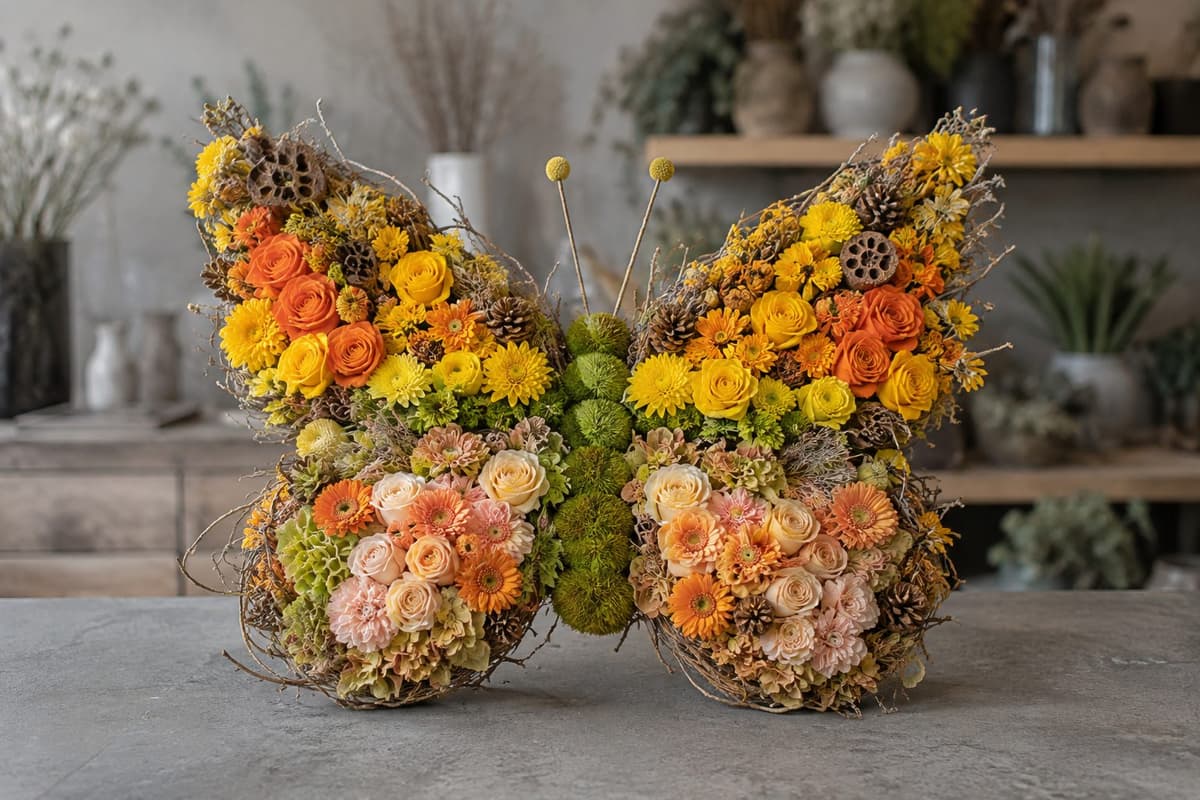 Trauerfloristik in Schmetterlingsform in Gelb, Orange und Apricot