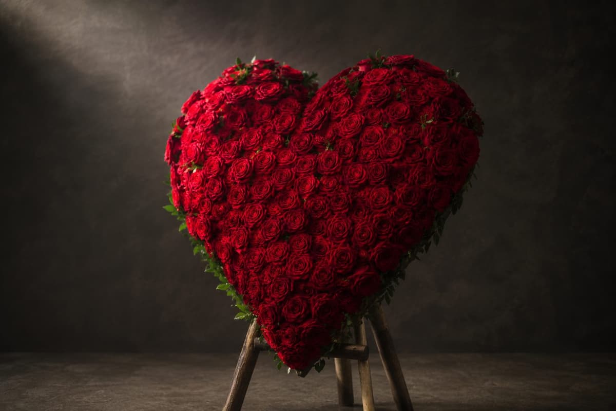 Trauerherz aus roten Rosen auf einem Ständer