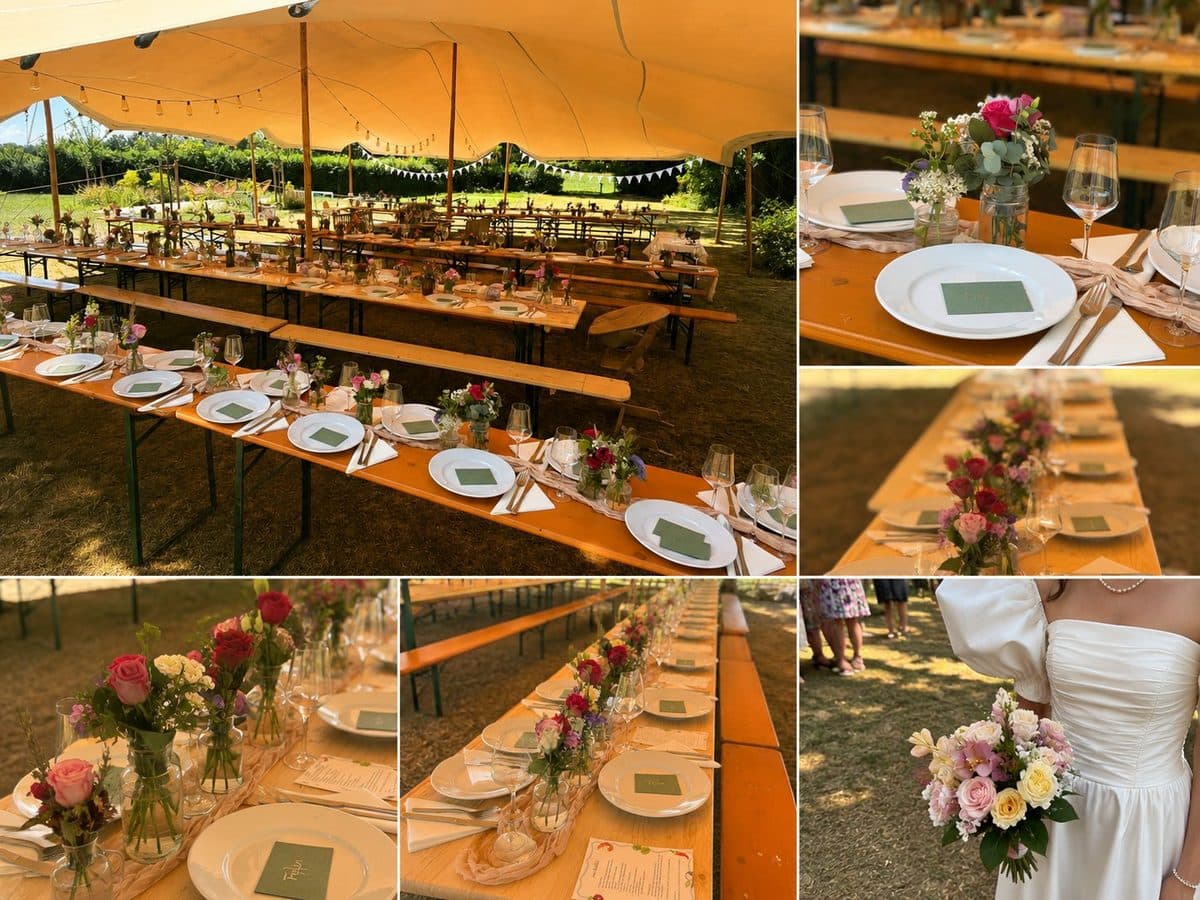 Lange Tafel mit Blumendeko bei einer Gartenhochzeit am Ammersee